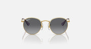 Round Ray-Ban sunglasses with thin gold frame and dark gray lenses