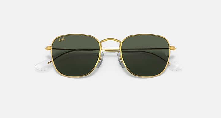 Ray-Ban gold-tone sunglasses with dark green mirror lenses, front view