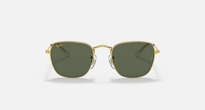 Ray-Ban gold-tone square sunglasses with dark green lenses, front view