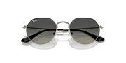 Round metal sunglasses with dark lenses and silver frame, angled front view