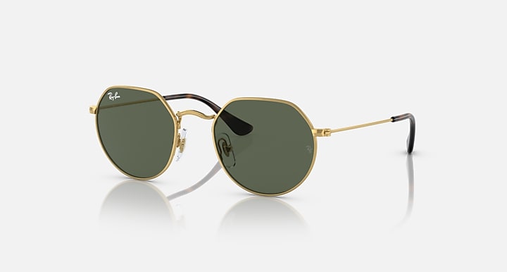 Ray-Ban Junior Jack sunglasses with gold frame and dark green lenses, side view