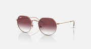 Ray-Ban Junior Jack kids round sunglasses, rose gold frame, dark violet gradient lenses, 47 mm.