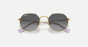Ray-Ban Junior Jack kids round sunglasses, gold frame, dark gray gradient lenses, purple temple tips.