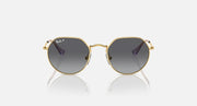 Ray-Ban Junior Jack kids round sunglasses, gold frame, dark gray lenses, front view.
