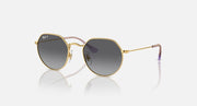 Ray-Ban Junior Jack kids round sunglasses, gold frame, dark green tinted lenses, 47 mm.