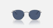 Ray-Ban Junior round sunglasses, silver frame, dark blue lens pair, front view