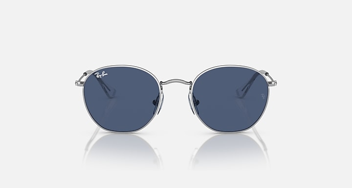 Ray-Ban Junior round sunglasses, silver frame, dark blue lens pair, front view