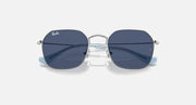 Kids sunglasses with silver frame and dark blue gradient lenses, close front view
