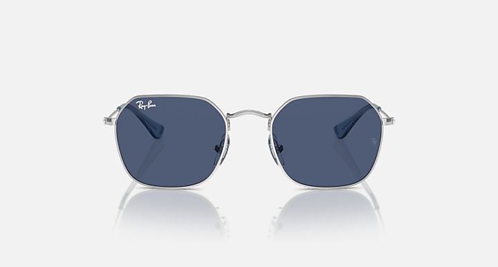 Kids sunglasses with silver frame and dark blue gradient lenses, front view