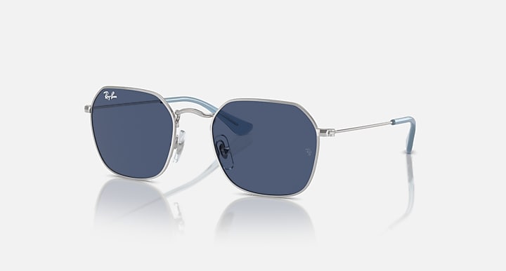 Kids sunglasses with silver frame and dark blue gradient lenses, metal temples