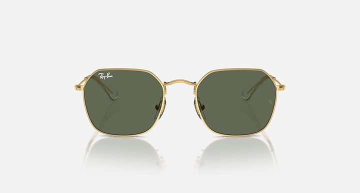 Kids sunglasses with gold frame and dark green lenses, front view