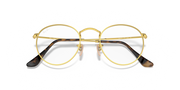 Round metal prescription eyewear frames, gold tone with black temple accents