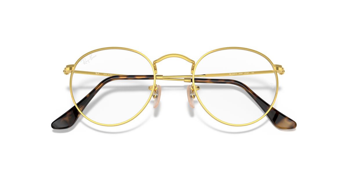 Round metal prescription eyewear frames, gold tone with black temple accents