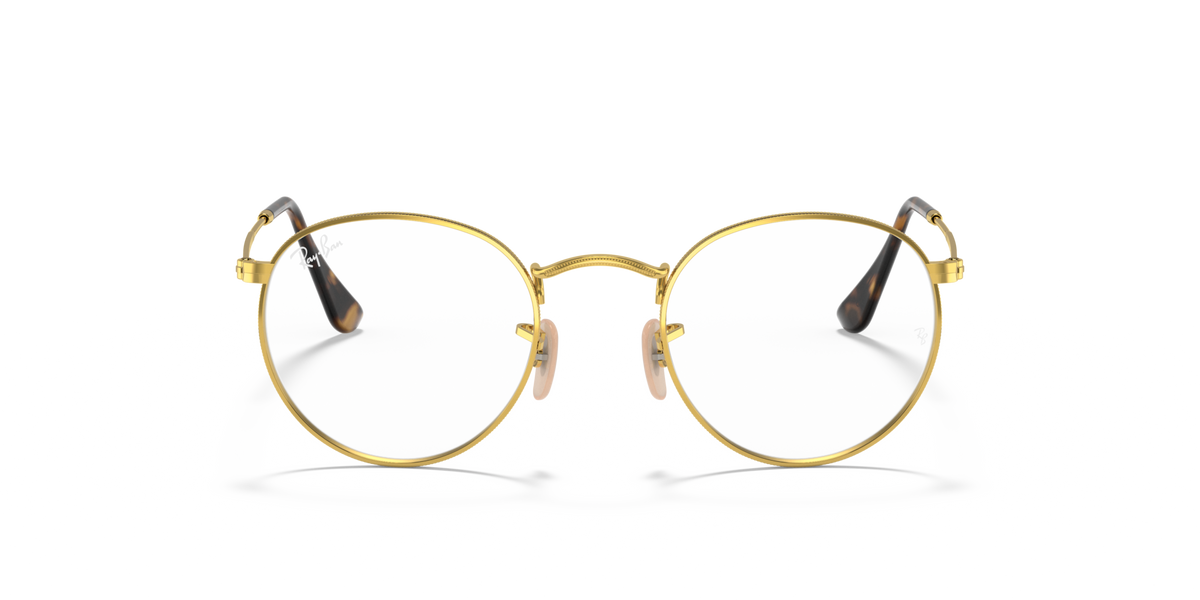 Round metal prescription eyewear frames, bright gold tone with front view