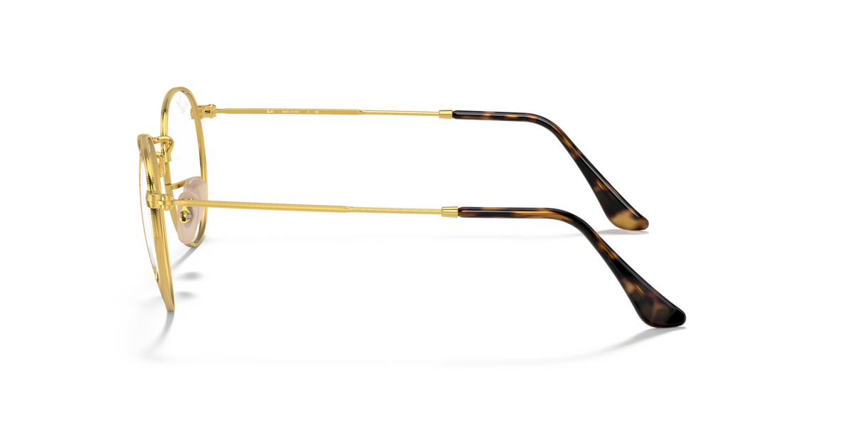 Round metal prescription eyewear frames, gold tone with dark temple tip
