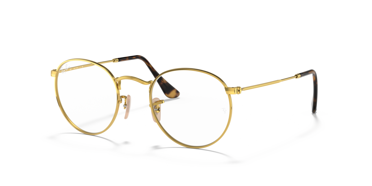 Round metal prescription eyewear frames, gold tone with dark lens accents