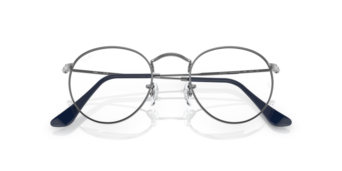 Ray-Ban round metal eyeglass frames with blue upper side pieces and visible hinges
