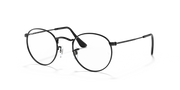 Round metal prescription eyeglass frames with dark rims and clear lenses