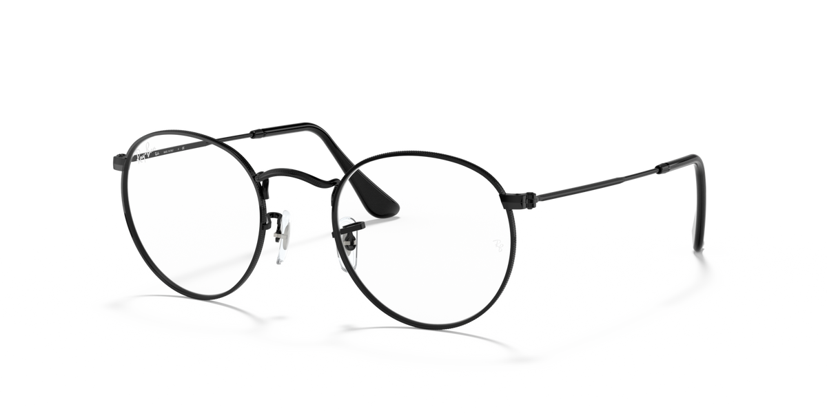 Round metal prescription eyeglass frames with dark rims and clear lenses
