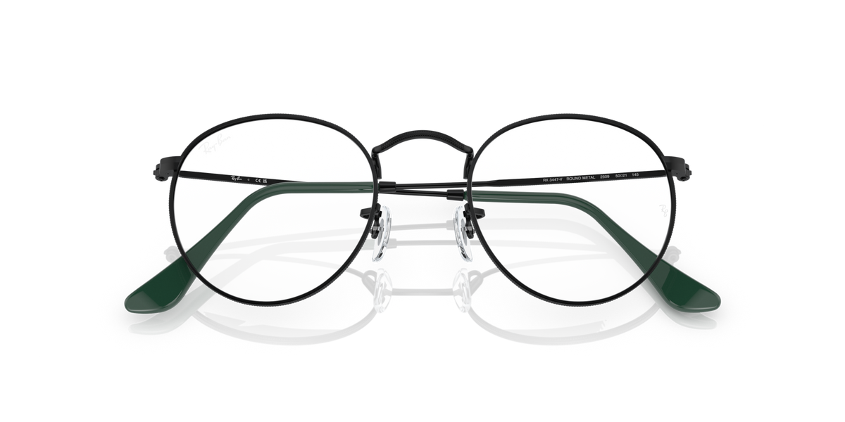 Ray-Ban round metal eyeglass frames with green side pieces and clear front hinges
