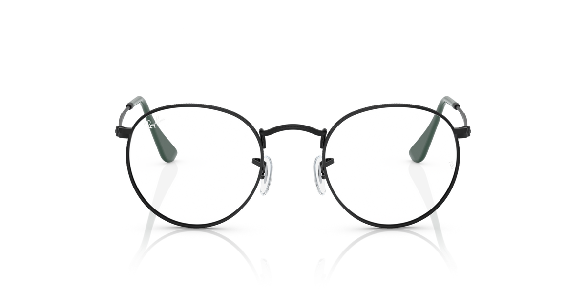 Ray-Ban round metal eyeglass frames with dark green lens tabs and slim temples