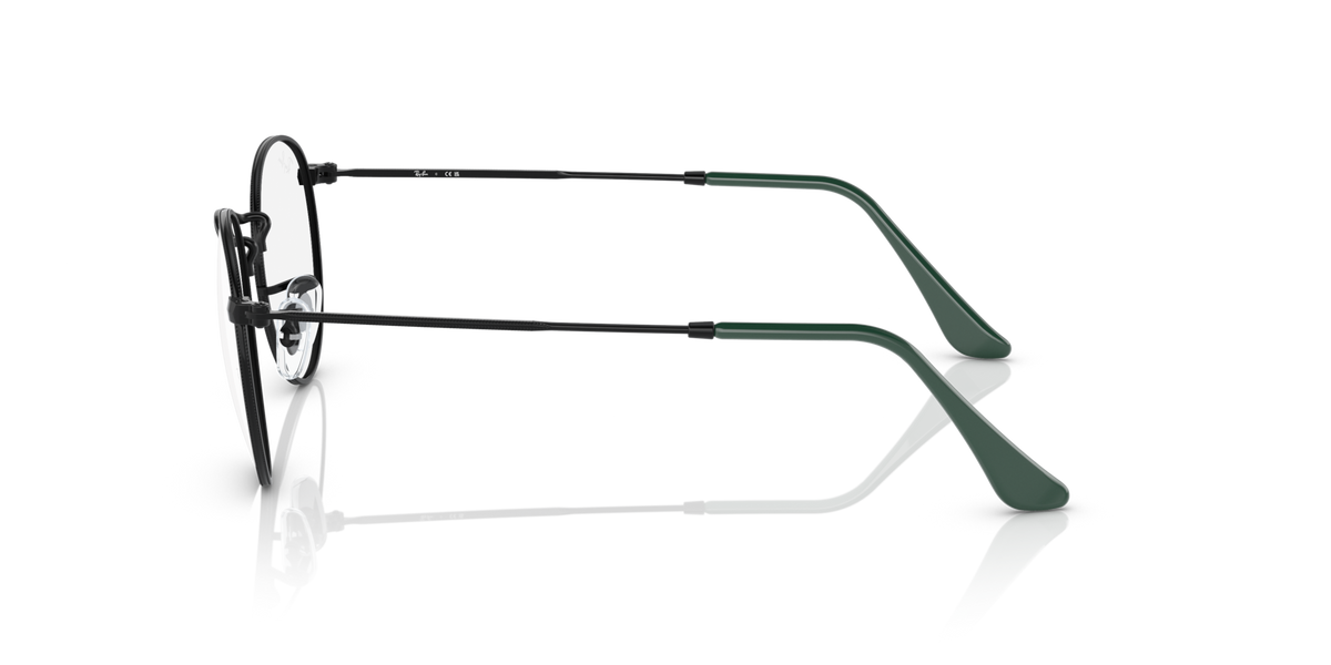 Ray-Ban round metal eyeglass frames side view with green temple tip and metal bridge