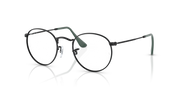 Ray-Ban round metal eyeglass frames, angled view with green nose and temple details