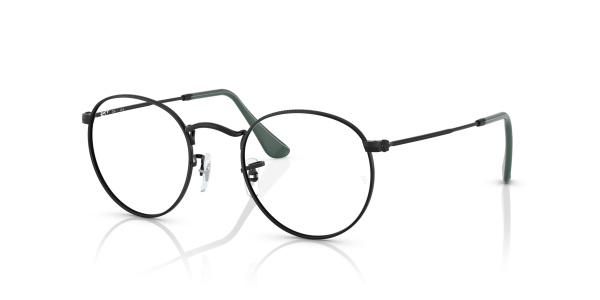 Ray-Ban round metal eyeglass frames, angled view with green nose and temple details