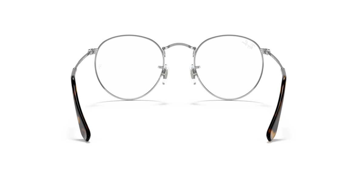 Round metal prescription eyewear frames, silver tone, front view with dark temples