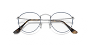 Round metal prescription eyewear frames, silver with blue accents, front view