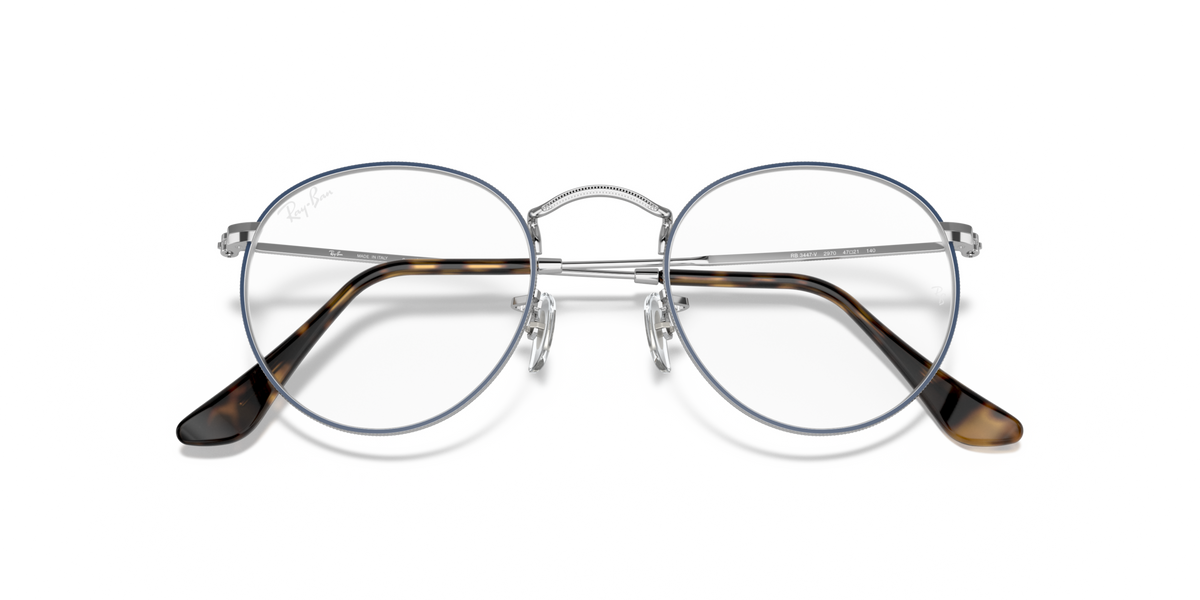 Round metal prescription eyewear frames, silver with blue accents, front view