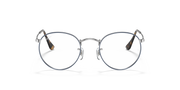 Round metal prescription eyewear frames, silver tone, front view with tinted lenses