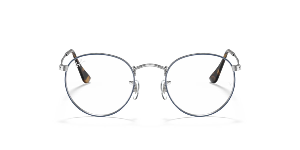 Round metal prescription eyewear frames, silver tone, front view with tinted lenses