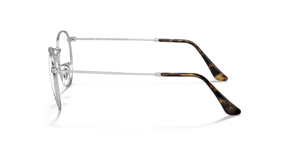 Round metal prescription eyewear frames, silver tone, side profile