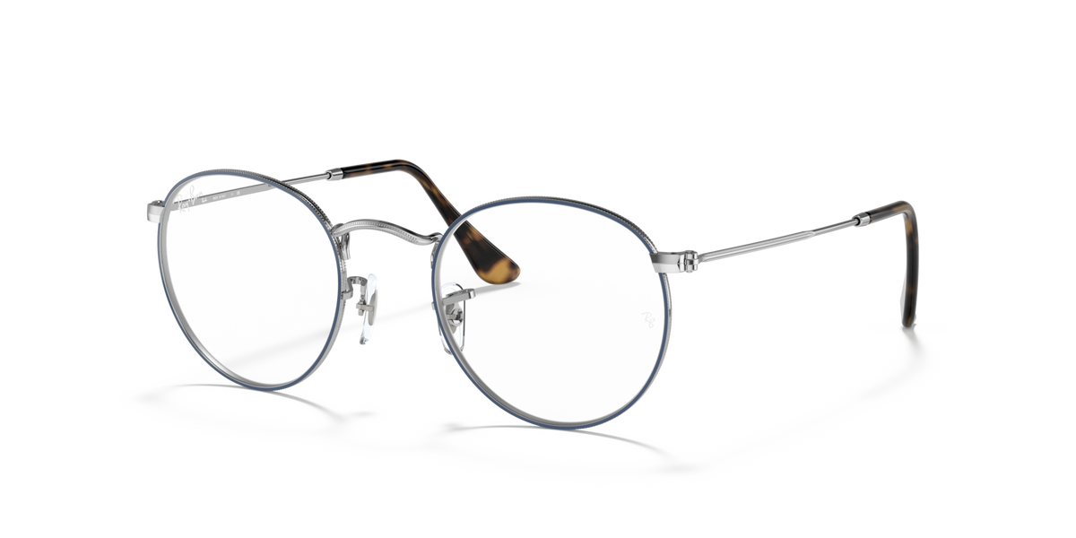 Round metal prescription eyewear frames, silver tone, angled front view