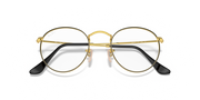 Round metal prescription eyeglass frames, gold and black with dark lenses