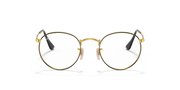 Round metal prescription eyeglass frames with gold rims and dark lenses