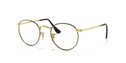 Round metal prescription eyewear frames, gold, front view with black temples