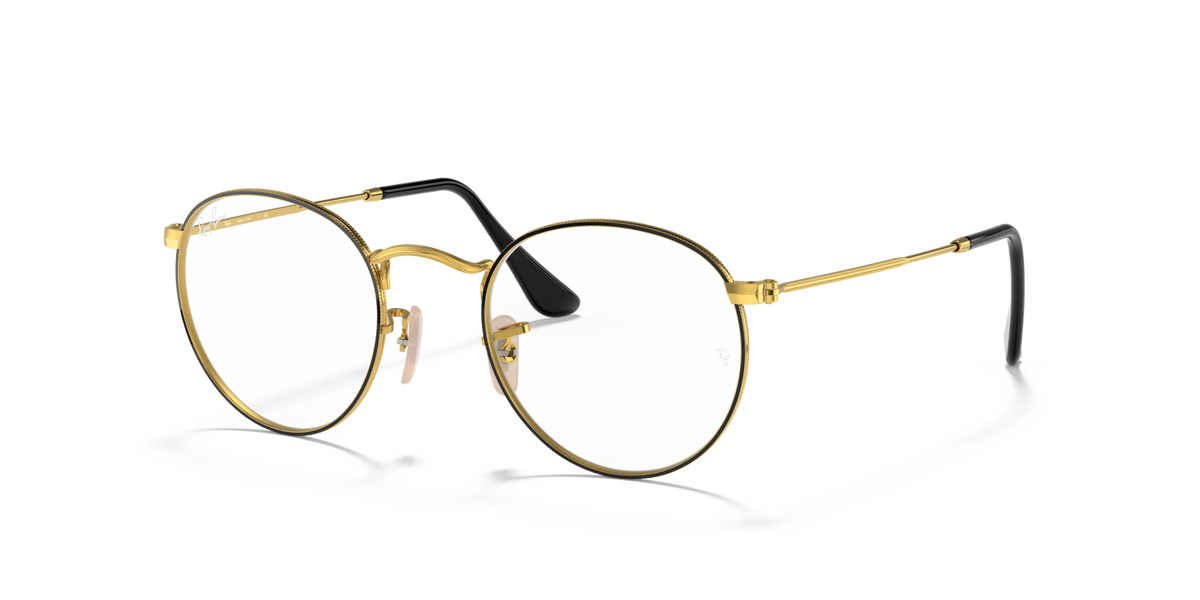 Round metal prescription eyewear frames, gold, front view with black temples