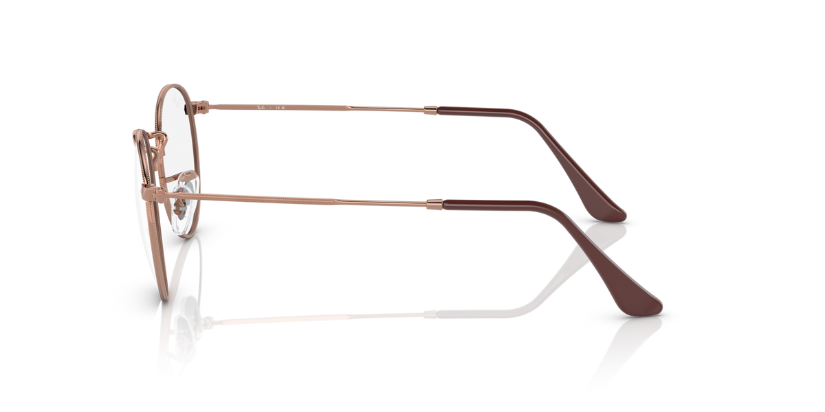 Round metal prescription eyewear frames, rose-gold tone with extended side profile