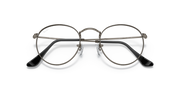 Round metal prescription eyeglass frames with silver-gray rims and black temple tips
