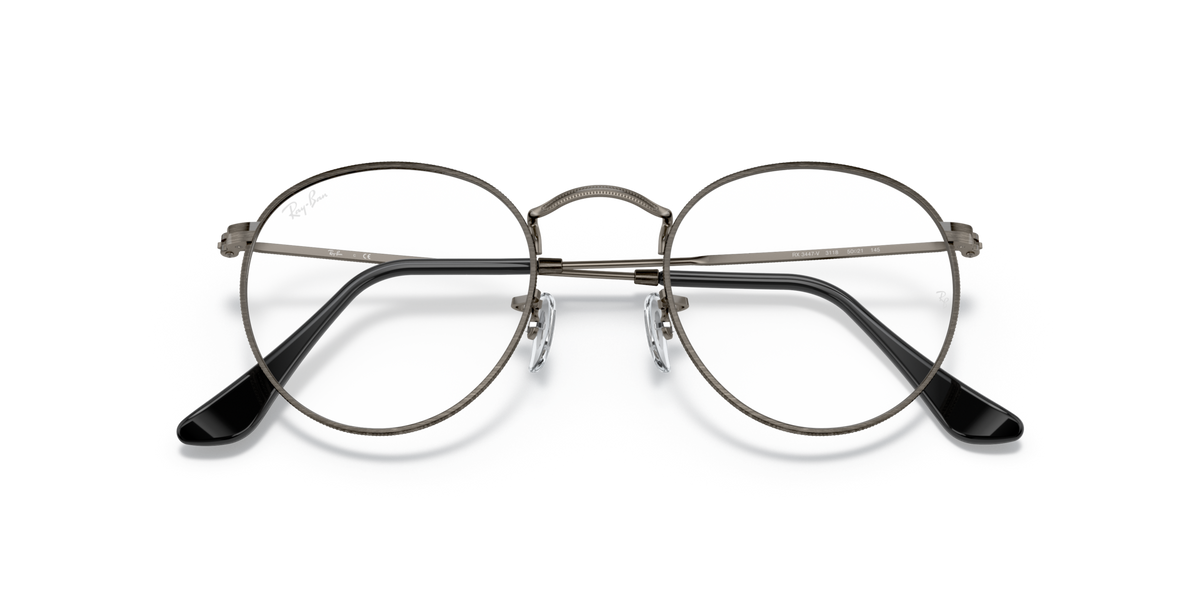 Round metal prescription eyeglass frames with silver-gray rims and black temple tips