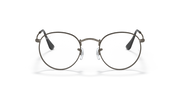 Round metal prescription eyeglass frames with silver-gray rims and dark lenses