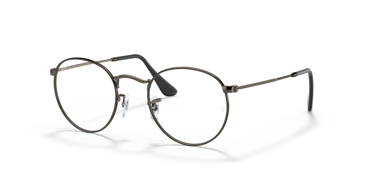 Round metal prescription eyeglass frames with dark gray rims and dark lenses