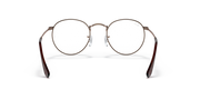 Round metal prescription eyeglass frames, front view, dark rims with brown temple tips