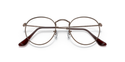 Round metal prescription eyeglass frames, front view, dark rims with brown inner temple arms
