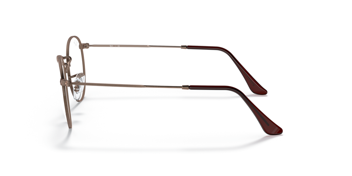 Round metal prescription eyeglass frames, side profile, dark rims and brown temple arms