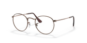 Round metal prescription eyeglass frames with warm brown rims and dark lenses