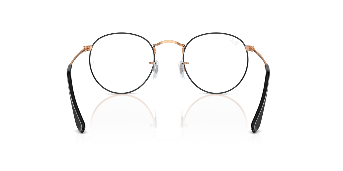 Round metal prescription eyeglass frames with dark rims and rose-gold-toned detailing