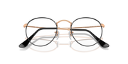 Front view of round metal prescription eyeglass frames with dark lenses and rose-gold frame